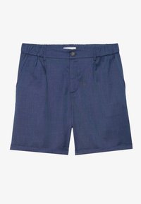 Shorts bleu marine avec une taille élastique, des plis avant et une fermeture à un bouton. Fabriqués en tissu lisse, présentant une coupe classique.