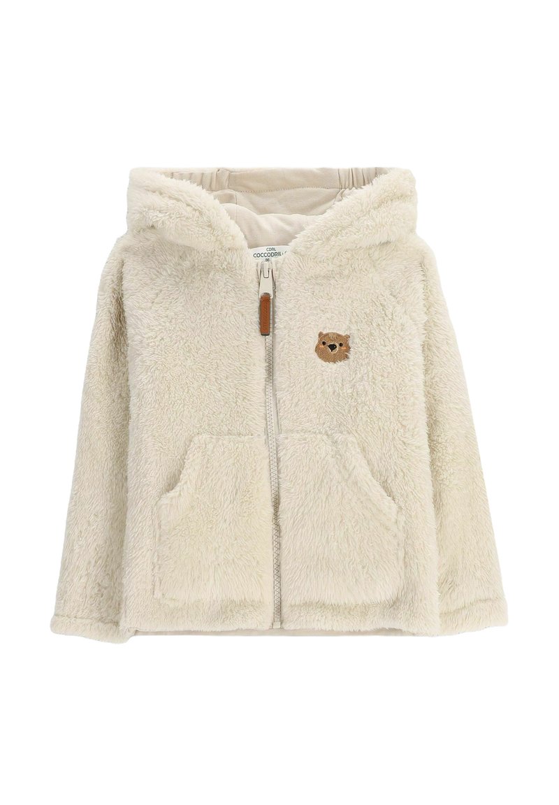 Kremowy polarowy hoodie z zamkiem błyskawicznym z przodu, dwoma przednimi kieszeniami oraz haftem przedstawiającym twarz niedźwiedzia na lewej piersi. Miękki, fakturowany materiał.