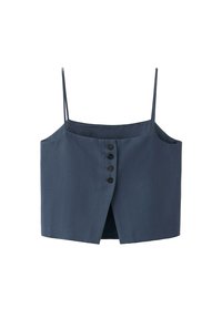 Camiseta corta azul marino con tirantes finos, cierre frontal con cuatro botones negros y una abertura frontal en el dobladillo.