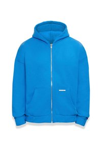 Blaues Reißverschluss-Hoodie aus weichem Baumwollgemisch, mit Kapuze, Taschen vorne und gerippten Bündchen. Keine Muster oder Akzente sichtbar.