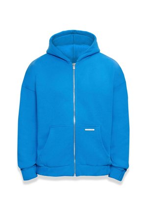 Blaues Reißverschluss-Hoodie aus weichem Baumwollgemisch, mit Kapuze, Taschen vorne und gerippten Bündchen. Keine Muster oder Akzente sichtbar.