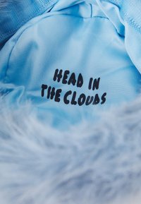 Lys blå interiørstoff med teksten "HEAD IN THE CLOUDS" i fet svart skrift, med en fluffy, hvit kanttekstur.