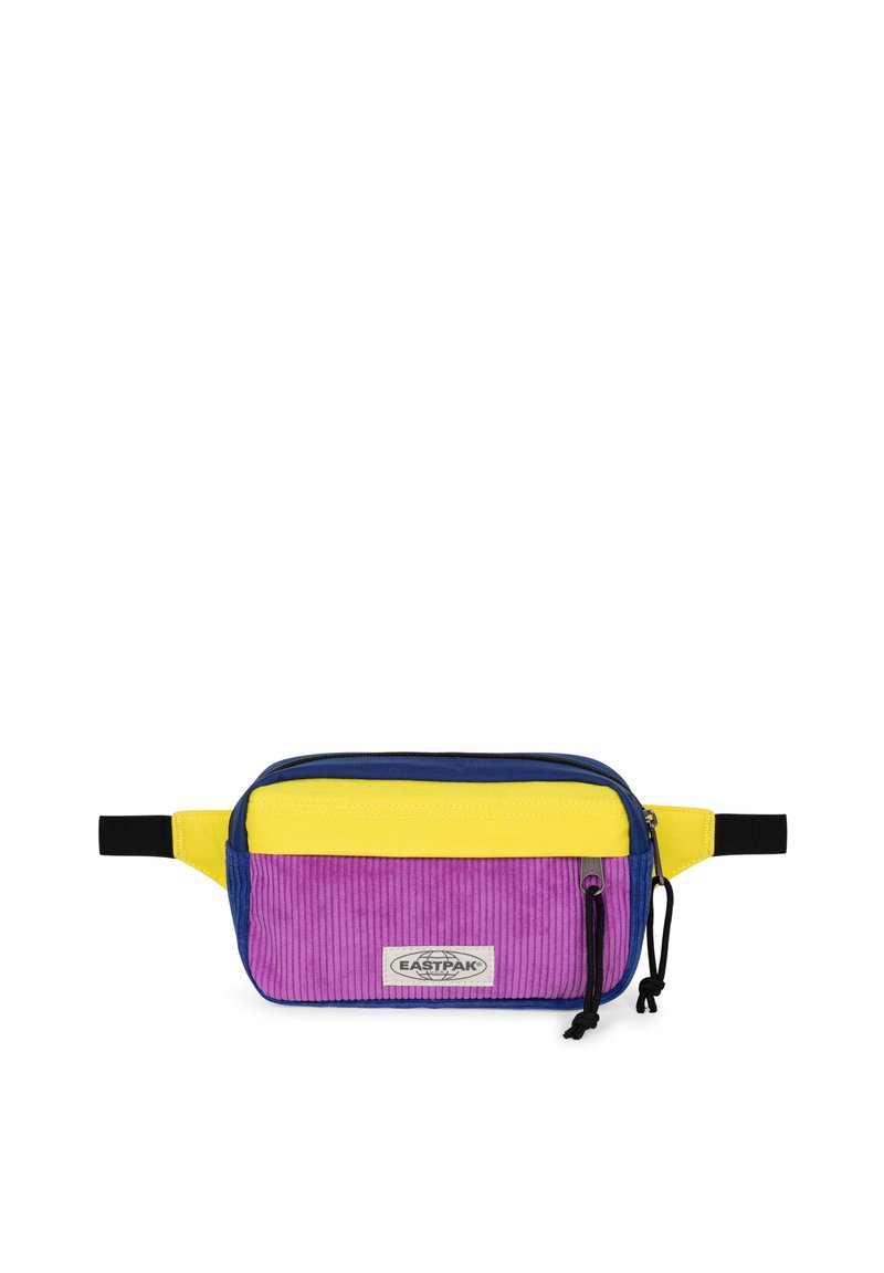 Marsupio multicolore in tessuto di corduroy viola, giallo e blu. Presenta una tasca frontale con zip e una tracolla regolabile.