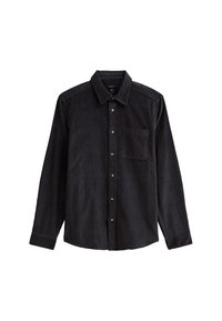 Camisa de pana negra con cuello abotonado, mangas largas y bolsillo en el frente. Presenta un tejido de estrías verticales y botones dorados.