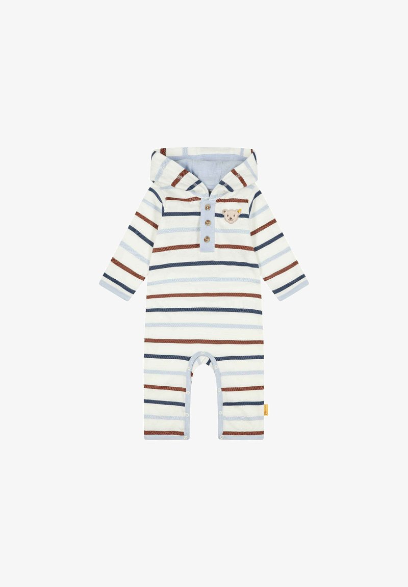 Pruhovaný overal v světle modré, bílé a hnědé barvě. Obsahuje kapuci, tři knoflíky a motiv medvěda na hrudi. Zapínání na cvočky na nohách.