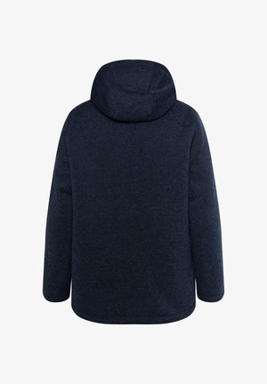 Jachetă cu glugă de culoare bleumarin, confecționată dintr-un material moale și texturat. Prezintă o croială lejeră, mâneci lungi și un tiv rotunjit, evidențiind un model discret în nuanțe de heather.