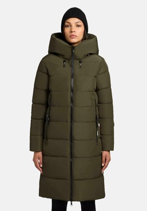 Olive green padded coat with a high collar, zipper closure, and side pockets. Features a boxy design and textured fabric. Cozy and insulated.