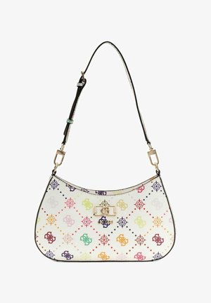 Witte schoudertas met een veelkleurig patroon van in elkaar grijpende logo's, gouden sluiting met logo en een zwarte verstelbare riem met gouden accenten.