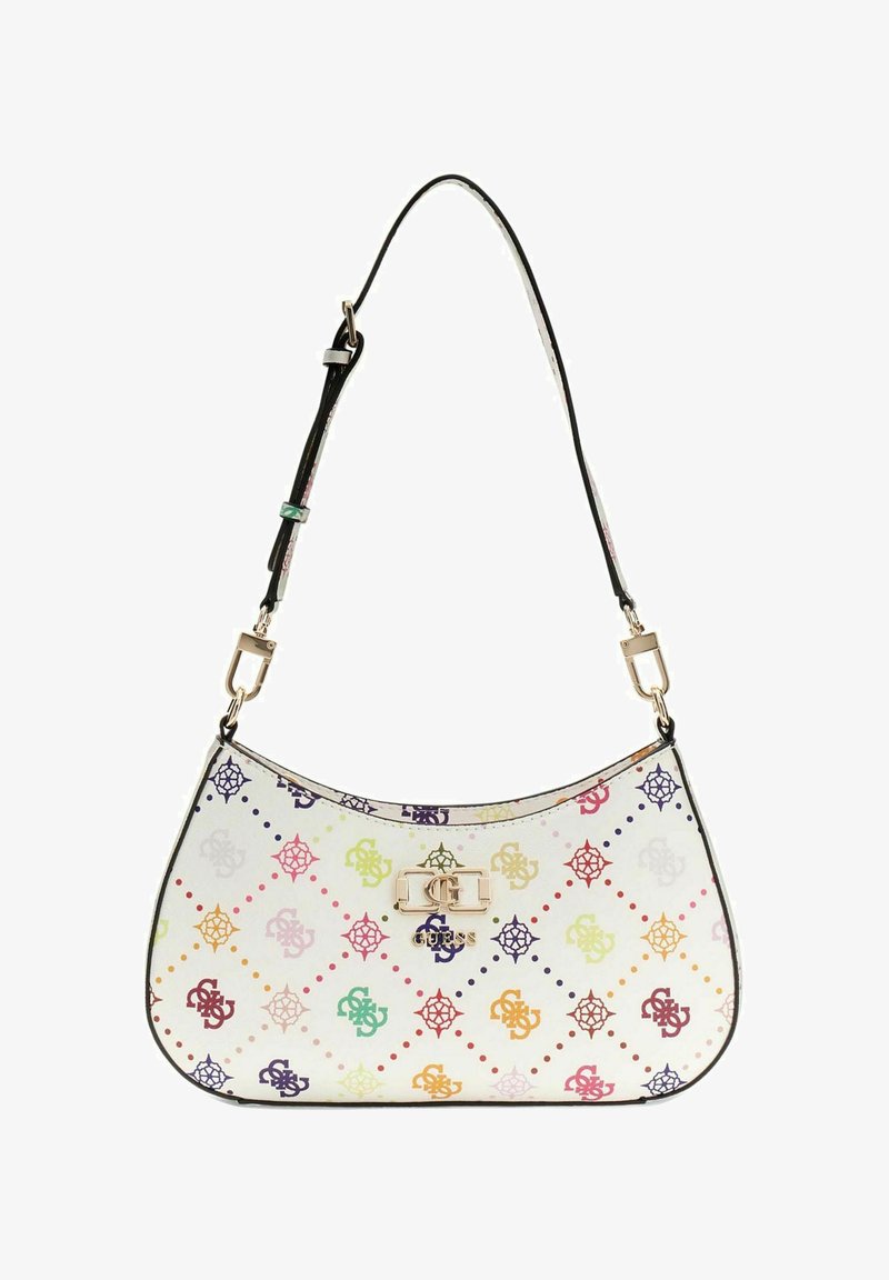 Weiße Schultertasche mit mehrfarbigem, ineinandergreifendem Logomuster, goldfarbenem Verschluss mit Logo und schwarzem verstellbarem Riemen mit goldfarbenen Beschlägen.