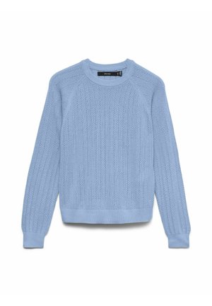 Maglione azzurro chiaro a maglia con maniche lunghe e motivo a righe verticali testurizzate, caratterizzato da scollatura rotonda e polsini e orlo a coste.
