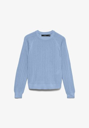 Lichtblauwe gebreide trui met lange mouwen en een textuur met verticale strepen, voorzien van een ronde hals en geribbelde boorden en zoom.