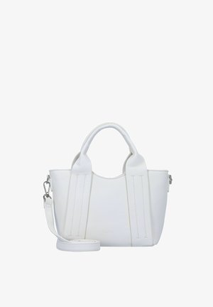 Sac fourre-tout en cuir blanc avec deux poignées courtes et une bandoulière longue réglable. La finition texturée et les détails de couture créent un intérêt visuel.