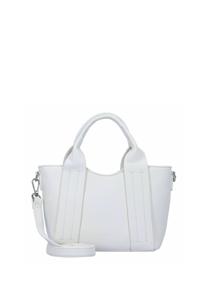 Sac fourre-tout en cuir blanc avec deux poignées courtes et une bandoulière longue réglable. La finition texturée et les détails de couture créent un intérêt visuel.
