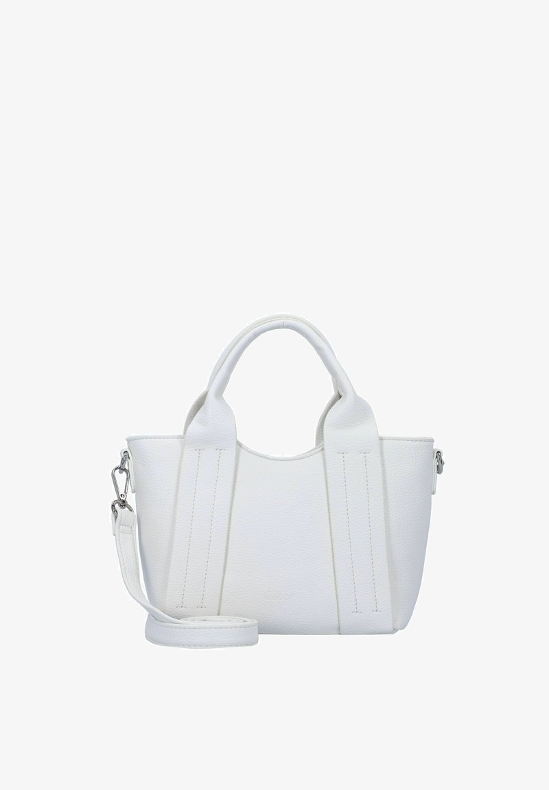 Sac fourre-tout en cuir blanc avec deux poignées courtes et une bandoulière longue réglable. La finition texturée et les détails de couture créent un intérêt visuel.