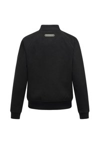 Black bomber jacket with a ribbed collar and cuffs, featuring a smooth texture and a small logo detail on the back.