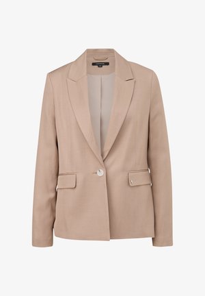 Beige blazer made of textured fabric, featuring a notched lapel, single-button closure, and two front pockets. Simple and structured design.