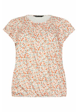 Damenbluse mit kurzen Ärmeln und rundem Ausschnitt, weiße Basis mit durchgehend kleinem orange-grünem Blumenmuster.