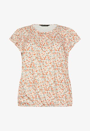 Damenbluse mit kurzen Ärmeln und rundem Ausschnitt, weiße Basis mit durchgehend kleinem orange-grünem Blumenmuster.