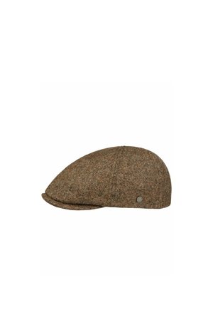 Brown tweed flat cap with a small metal logo badge on the side, displayed against a white background.