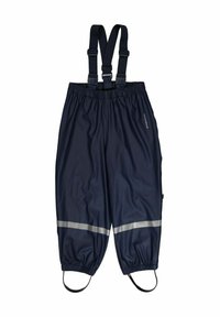 Mörkblå vattentäta overaller med justerbara elastiska remmar, elastisk midja och reflexband nära fållen. Slät, hållbar material.