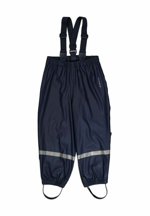 Marine vandtæt overalls med justerbare elastiske stropper, elastisk talje og reflekterende striber nær kanten. Glat, holdbart materiale.