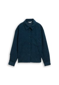 Donkerblauwe corduroy shirt met een kraag, knoopsluiting aan de voorkant, een enkele borstzak en lange mouwen met geknoopte manchetten. Gestructureerde stof.