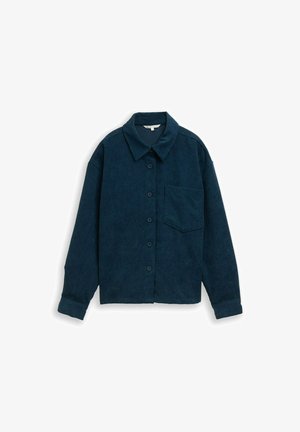 Donkerblauwe corduroy shirt met een kraag, knoopsluiting aan de voorkant, een enkele borstzak en lange mouwen met geknoopte manchetten. Gestructureerde stof.