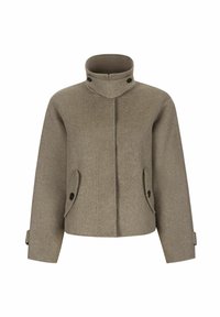 Villasegu seguga jakk tuhmi taupe toonis, kõrge krae, kahe esitasku ja nööpdetailidega. Struktureeritud disain lühendatud lõike ja viimistletud varrukatega.