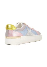 Sneaker with a chunky white sole, mixed pastel leather upper, glitter star accent, gold heel tab, and pink laces.