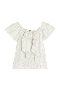 Top bianco off-shoulder con finitura testurizzata, dotato di maniche a campana corte e un grande dettaglio arricciato frontale. Tessuto morbido e leggero.