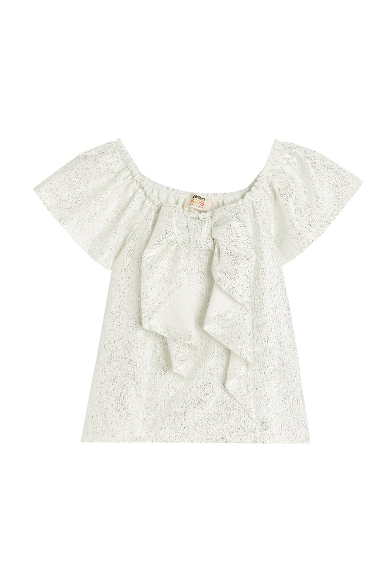 Top bianco off-shoulder con finitura testurizzata, dotato di maniche a campana corte e un grande dettaglio arricciato frontale. Tessuto morbido e leggero.