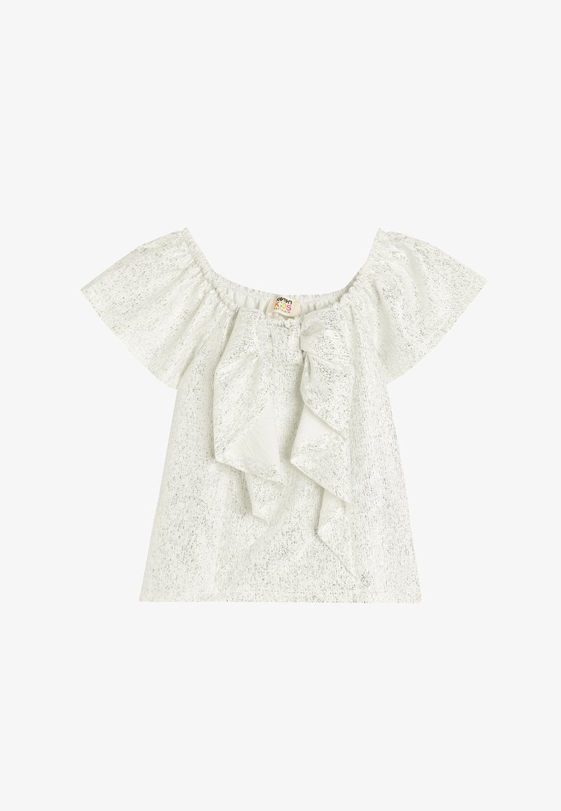 Top bianco off-shoulder con finitura testurizzata, dotato di maniche a campana corte e un grande dettaglio arricciato frontale. Tessuto morbido e leggero.