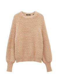 Pull beige à manches longues, douillet, avec un col rond et des poignets côtelés, fabriqué en tissu tricoté doux et texturé.