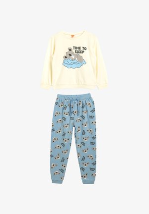 Lichtgele pyjamashirt met de tekst "TIJD OM TE SLAPEN" en een berenafbeelding. Blauwe onderbroek met berengezichten en een bijpassend tekstpatroon. Zacht katoenmateriaal.