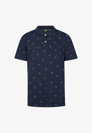 Polo manica corta blu navy con due bottoni beige e piccoli motivi di aragosta rossa su tutta la superficie.