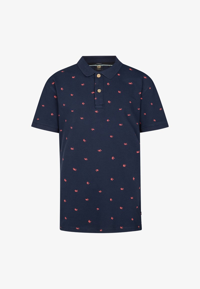 Polo à manches courtes bleu marine avec deux boutons beige et petits motifs de homard rouge partout.
