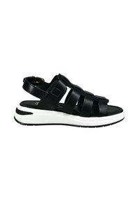 Black leather sandal with wide straps, white midsole, and textured black sole. Features an adjustable back strap and a flat design.