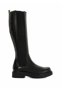 Zwarte leren kniehoog botas met elastische zijpanelen, ronde neus en dikke zool. Soepele textuur zonder zichtbare versieringen.