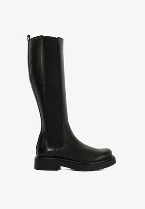 Zwarte leren kniehoog botas met elastische zijpanelen, ronde neus en dikke zool. Soepele textuur zonder zichtbare versieringen.