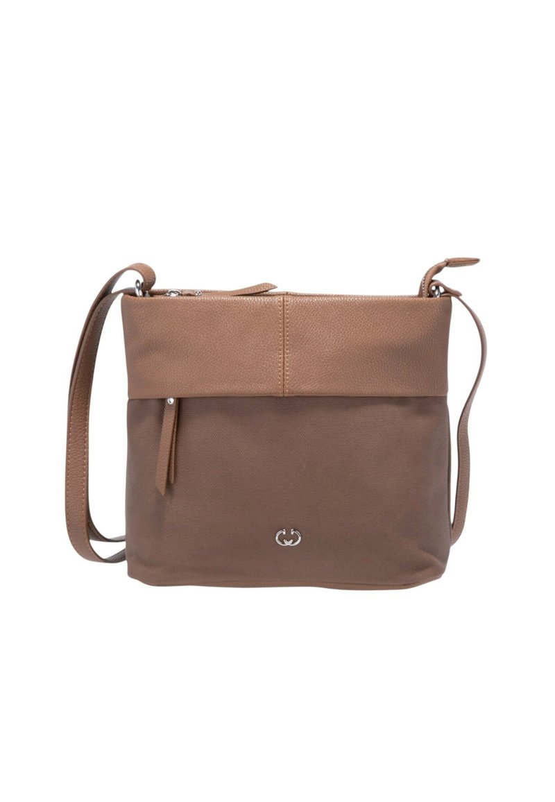Brun läder crossbody-väska med en texturerad finish, dragkedjestängning, justerbar rem och subtil logotypdetalj på framsidan.