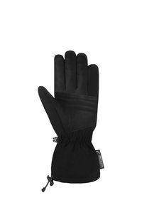Sorte vinterhandsker med læderhåndflade, vandtæt materiale, elastisk manchet for en tæt pasform og snorejustering ved håndleddet.