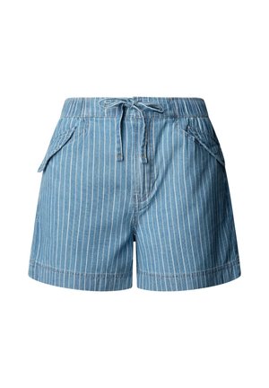 Blue denim shorts with white vertical stripes, elastic waistband, drawstring tie, and angled front flap pockets.