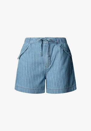 Blue denim shorts with white vertical stripes, elastic waistband, drawstring tie, and angled front flap pockets.