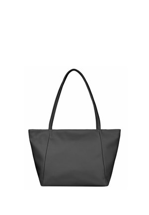 Black leather tote bag with two long shoulder straps and a slightly trapezoid shape, shown against a white background.
