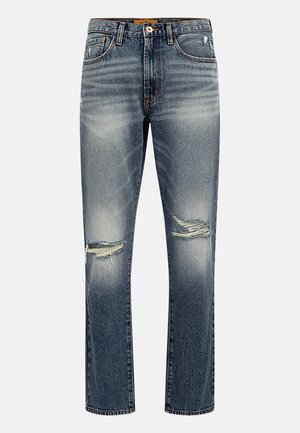 Plave traperice s istrošenim dizajnom, s izblijedjelim dijelovima i rupama na koljenima, standardnog stila s pet džepova i regularnog kroja.