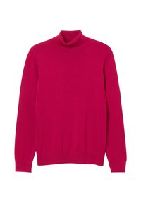 Pull à col roulé ajusté de couleur rose vif, en maille douce. Dispose de manches longues ainsi que d'un col et d'un ourlet en côtes.