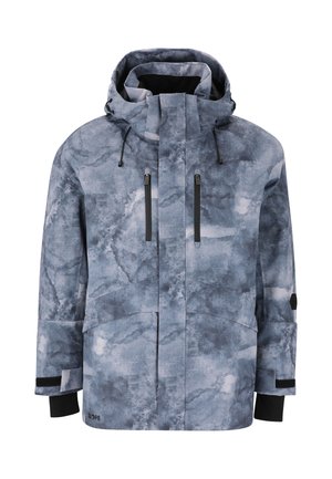 Heren sneeuwjas in een blauw-grijze kleur met een wolkachtig patroon, voorzien van een capuchon, twee voorste ritszakken en zwarte accenten.