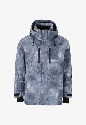 Herre snedragt i blågrå farve med et sky-lignende mønster, der har hætte, to frontlommer med lynlås og sorte detaljer.