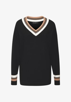 Schwarzer Pullover mit V-Ausschnitt und kontrastierendem gestreiften Kragen. Hat lange Ärmel mit gestreiften Akzenten in Weiß und Beige an den Bündchen.