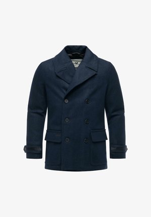 Manteau en laine bleu marine avec un devant double boutonnage, grand col, deux poches avant et poignets boutonnés. Texture lisse et coupe ajustée.